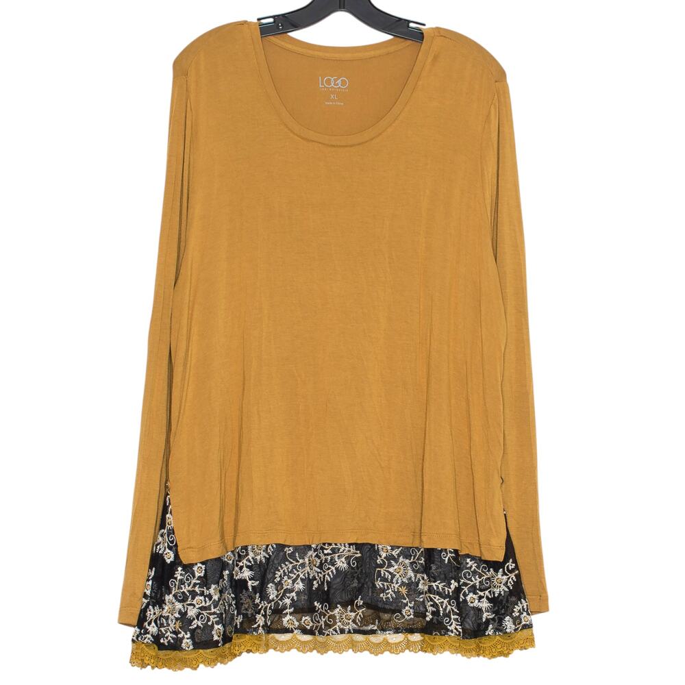 LOGO Lori Goldstein Tunic Top XL Lace Trim Mustard Boho Artsy Cottagecore Flowy